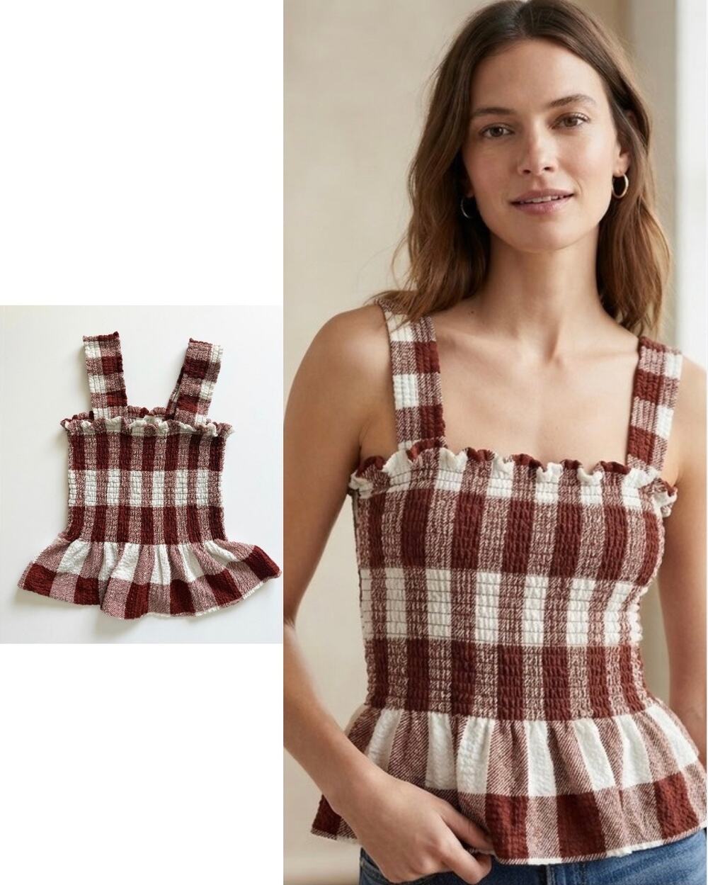 Maroon and white plaid shirred peplum Loft tank top, size XS A&M UMiss Gameday